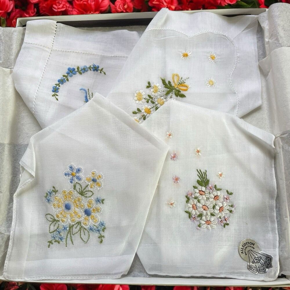 Marshall Field Handkerchiefs Box Of 4 NOS 1978 Switzerland Made